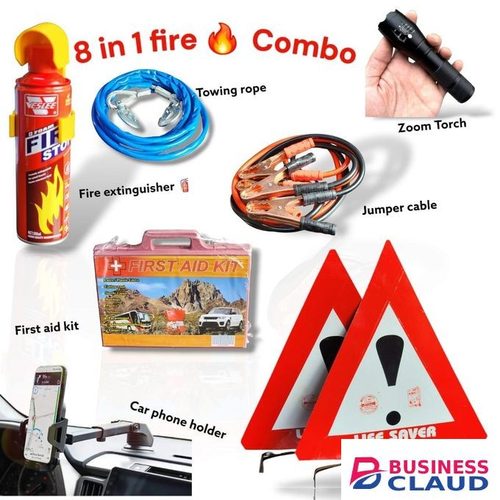 8-in-1 Roadside Safety Kit comprehensive emergency solution for every driver. All-in-one package with fire extinguisher, towing rope, jumper cables, first aid kit, car phone holder, zoom torch