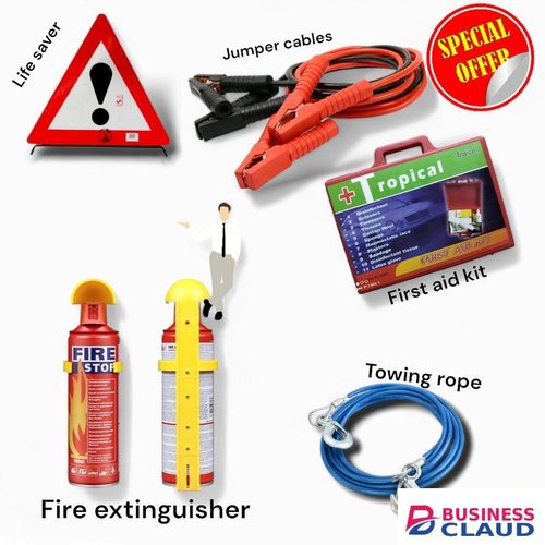Life saver triangles, jump starter cables, first aid kit, towing rope and fire extinguisher