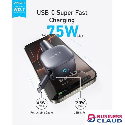 Anker Retractable USB-C Car Charger, 75W Max Fast Charging with Built-in Retractable Cable Car Adapter, Car Accessories for iPhone 17/16 Series, Galaxy S25/S24, MacBookPro/Air, iPad, and More
