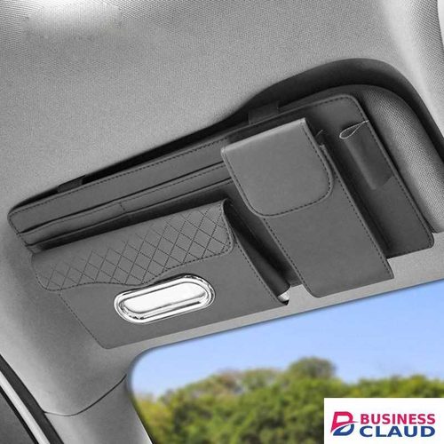 Multifunctional Car Sun Visor Organizer Storage Bag with Tissue Holder, Pen Slot, Glasses Case & Card Pocket – Universal PU Leather Car Accessory for Neat, Stylish Interior