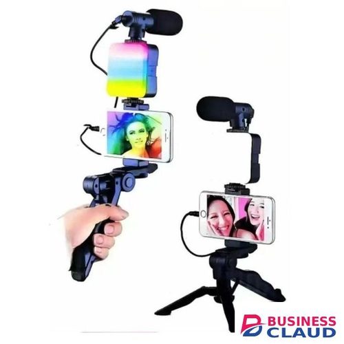 AY-49RGB Video-Making Kit – RGB LED Fill Light, Noise-Canceling Microphone, Tripod, Smartphone Holder, Complete Vlogging & Content Creation Set