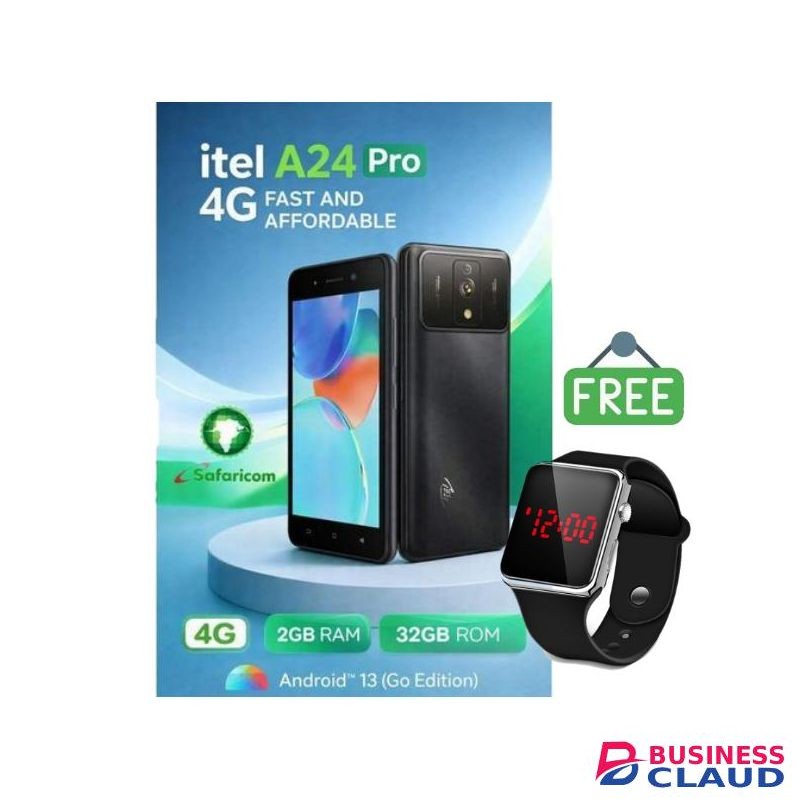 Itel A24 Pro - 4G/LTE 32GB ROM, 4GB RAM (2+2), 5MP (Dual Sim) - Black + Free LED Watch