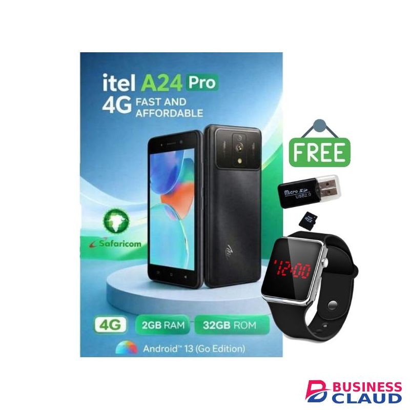 Itel A24 Pro - 4G/LTE 32GB ROM, 4GB RAM (2+2), 5MP (Dual Sim) - Black + Free LED Watch & Card reader