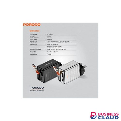 Porodo GaN 42W Super Quick Charger with 75cm Retractable Type C Cable (PD-FWCH054-BK) - Black