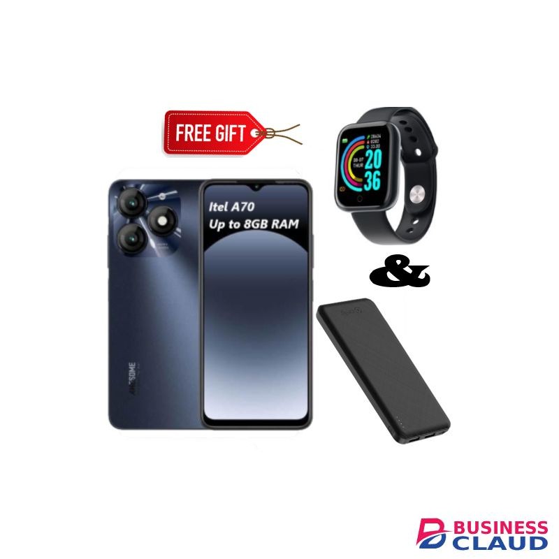 Itel Awesome 6.6" Display, 128GB ROM + 4GB RAM (Dual SIM), 5000mAh - Black + Smart watch + Power Bank