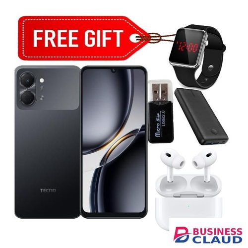 Tecno Pop 20,6.75 inch display, Up to 8GB RAM + 64GB storage, 5000mAh Battery (1 YEAR WARRANTY) black + Led Watch+ Card reader + Power bank & Earpods