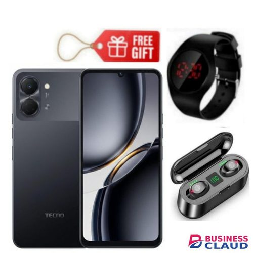 Tecno Pop 20 6.75'' 120Hz Display, 64GB ROM +4GB RAM 13MP AI Camera, 5000mAh, Black + Led Watch & F9 Earbuds
