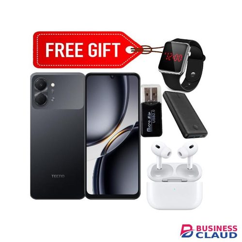 Tecno Pop 20,6.75 inch display, Up to 8GB RAM + 128GB storage, 5000mAh Battery (1 YEAR WARRANTY) - Black +Earpods+Powerbank+Led Watch&Card reader