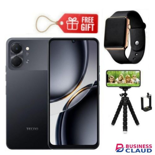 Tecno Pop 20 6.75'' 120Hz Display, 64GB ROM +4GB RAM 13MP AI Camera, 5000mAh, Black + Led Watch & Tripod Stand