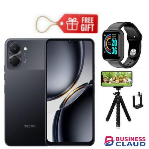 Tecno Pop 20 6.75'' 120Hz Display, 64GB ROM +4GB RAM 13MP AI Camera, 5000mAh, Black + Smart Watch & Tripod Stand