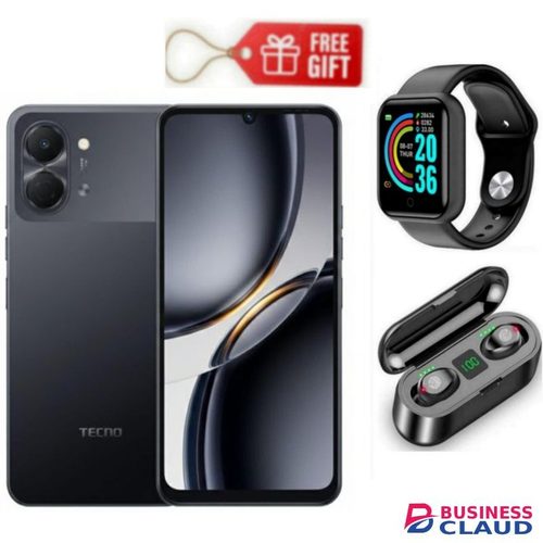 Tecno Pop 20 6.75'' 120Hz Display, 64GB ROM +4GB RAM 13MP AI Camera, 5000mAh, Black + Smart Watch & F9 Earbuds
