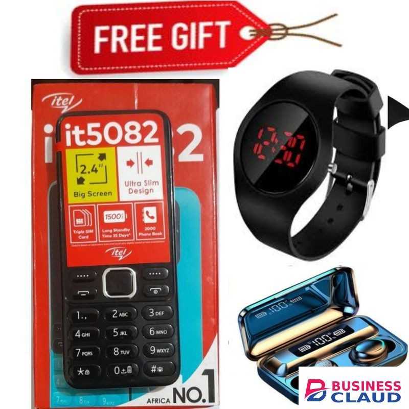 Itel GOOD BUTTON PHONE WITH 3 SIM CARD SLOTS //5082 - 2.4" - THREE SIM CARDS -FM Wireless Radio -KADUDA // MLIKA MWIZI + FREE F C9 earbuds + WATCH