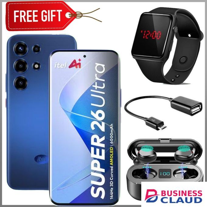 Itel S26 Ultra, 6.78' Curved Screen Corning Gorila Glass, 256GB Storage + Up To 16GB RAM 600mAh Battery, 50MP Camera - Blue