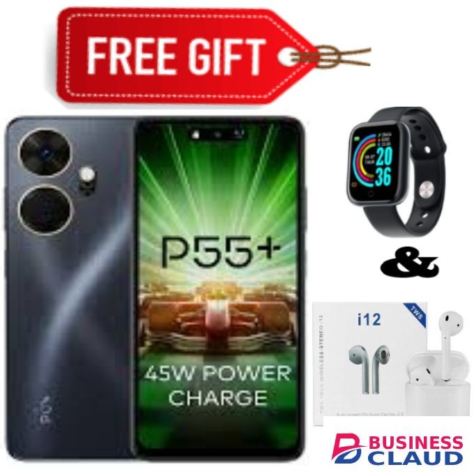 Itel P55+ (Plus) 6.6-INCHES, HD ,UPTO 16GB RAM,128GB Storage, Android 13, Dual Sim+Free Smartwatch+Earpods