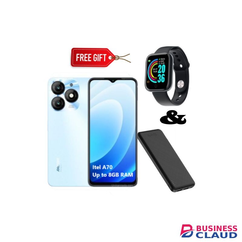 Itel 6.6" Display, 128GB ROM + Up to 8GB RAM (Dual SIM), 5000mAh, Blue + Smart watch & Phone bank