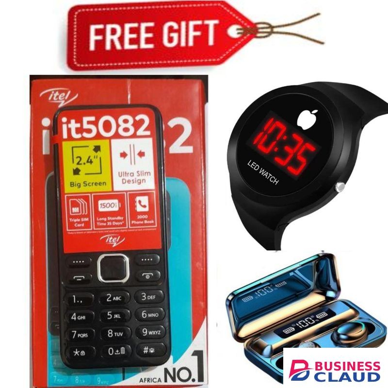 Itel BEST BUTTON PHONE WITH 3 SIM CARD SLOTS //5082 - 2.4" - Tripple SIM -FM Wireless Radio -KADUDA // MLIKA MWIZI + FREE F9 earbuds + WATCH
