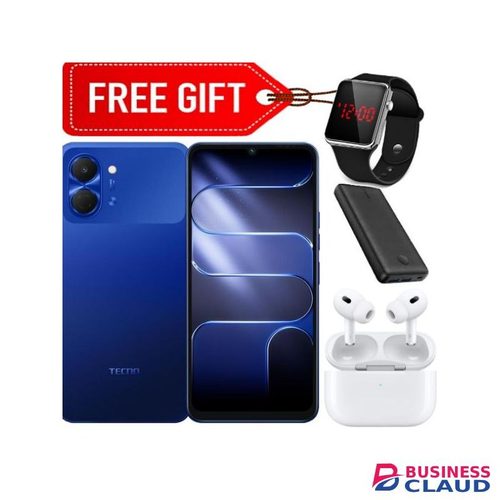 Tecno Pop 20,6.75 inch display, Up to 8GB RAM + 128GB storage, 5000mAh Battery (1 YEAR WARRANTY) - Blue +Earpods+Powerbank+Led Watch&Card reader