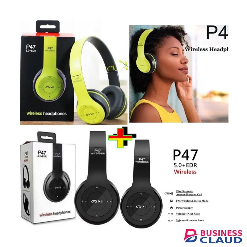 P47 2 BEST Bluetooth Wireless Headphones Noice Cancellation For Smartphones ITEL, OPPO, TECNO, SAMSUNG , REDMI & NOKIA