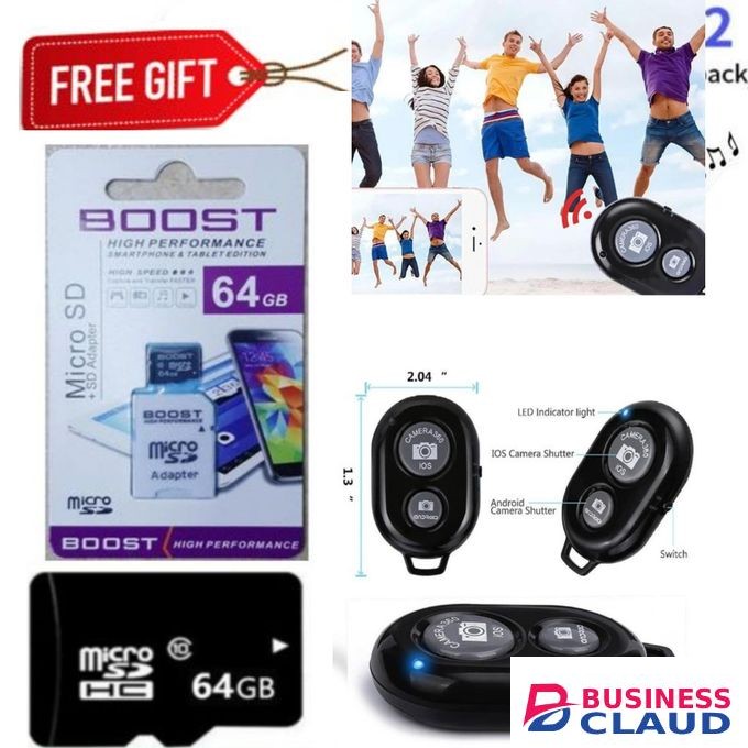 Boost BEST Quality Durable Phone Memory Card 64GB High Speed For Smartphones & Button Katululu Phone Bontel L600, L800 & Tecno T301 , T402, Itel IT5082, IT2160 , IT2163, IT 2165, IT5027, IT5081 + Bluetooth Remote For Phone Or Camera