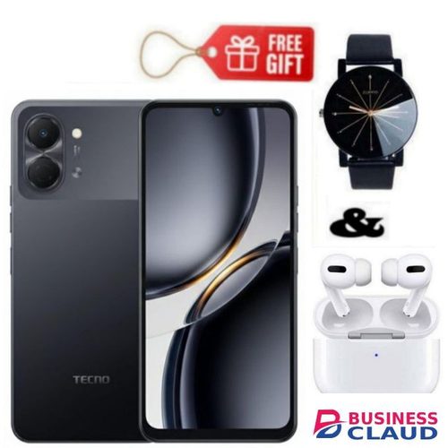 Tecno Pop 20 6.75'' 120Hz Display, 64GB ROM +4GB RAM 13MP AI Camera, 5000mAh, Black + Web Watch & Airpods