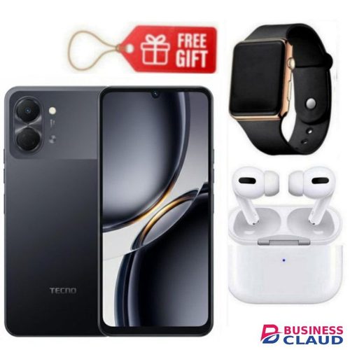 Tecno Pop 20 6.75'' 120Hz Display, 64GB ROM +4GB RAM 13MP AI Camera, 5000mAh, Black + Led Watch & Airpods