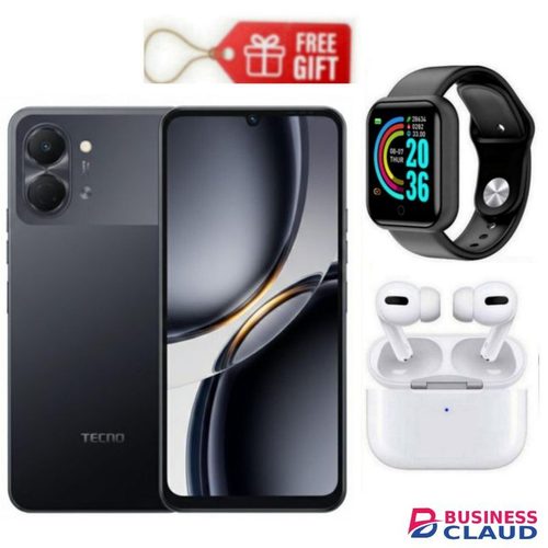Tecno Pop 20 6.75'' 120Hz Display, 64GB ROM +4GB RAM 13MP AI Camera, 5000mAh, Black + Smart Watch & Airpods