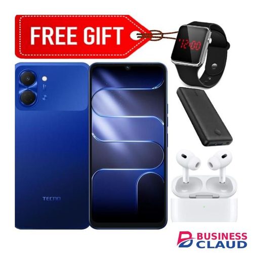 Tecno Pop 20,6.75 inch display, Up to 8GB RAM + 64GB storage, 5000mAh Battery (1 YEAR WARRANTY) blue + Earpods + Power bank & Led Watch
