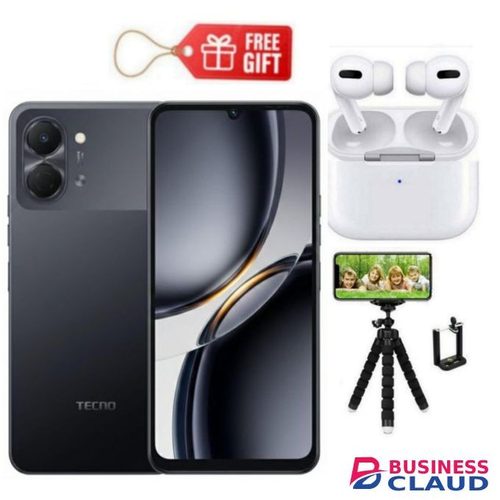 Tecno Pop 20 6.75'' 120Hz Display, 64GB ROM +4GB RAM 13MP AI Camera, 5000mAh, Black + Airpods & Tripod Stand