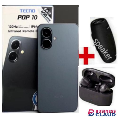 Tecno POP 10 Display: 6.67 Inches Up To 6GB Extended RAM + 64GB Storage, Battery: 5000 MAh+ SPEAKER+EARPODS