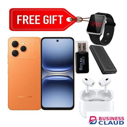 Tecno Spark 40, 6.67'' HD+, 256GB ROM + Up to 16GB RAM (Dual Sim) 50MP Camera, 5200mAh - Sunlight Orange + Led watch + Power bank + Card reader & Earpods