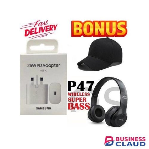 Samsung Superior Galaxy 25 Watts Fast Charger Adapter 25W for Galaxy A15,A25,A05S,S23FE With Type C Output + EXTRA-GIFTS Bluetooth Wireless Headphones, Cap