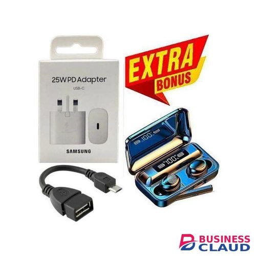 Superior Safety 25 Watts Fast Charger Adapter for Galaxy A13, A14,A15,A25,A05S,S23FE With Type C Output + EXTRA-GIFTS Bluetooth Wireless Earbuds, OTG Cable Type C