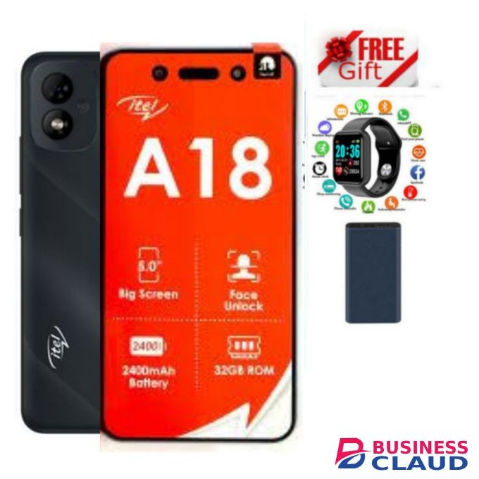 Itel A18 ;5.0" ;,Andriod ,2400 MAh ,[32GB+1GB],Dual Sim +CLASSY WATCH