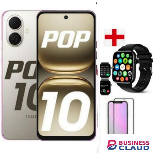 Tecno POP 10 Display: 6.67'' Up to 3GB RAM +64GB Storage,Battery-5000 MAh+ SMARTWATCH+PROTECTOR