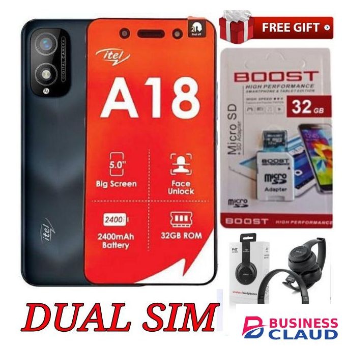 Itel A18 ,5.0"Display,32GB ROM +1GB RAM(Dual Sim) 2400may+32GB Memory Card +Headphone
