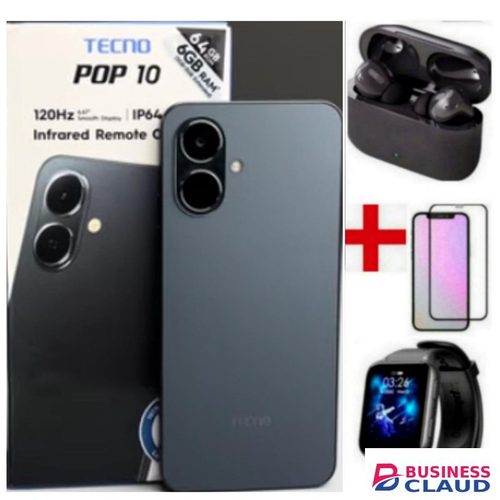 Tecno POP 10 Display: 6.67'' Up To 6GB RAM + 64GB Storage, Battery-5000 MAh+ EARPODS+ WATCH+PROTECTOR