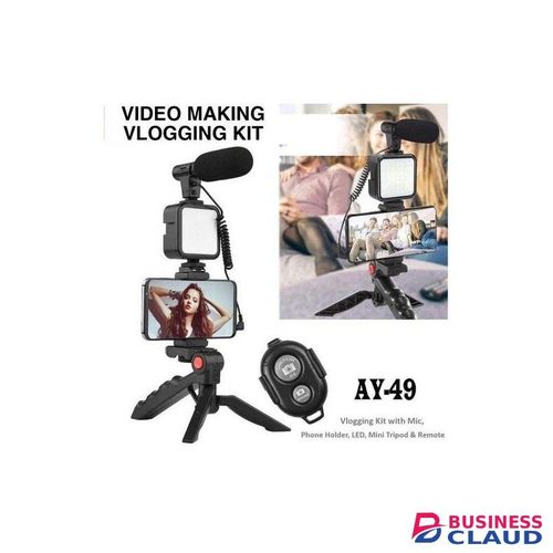AY-49 Complete Smartphone Vlog Kit with LED Light, Microphone, and Adjustable Tripod