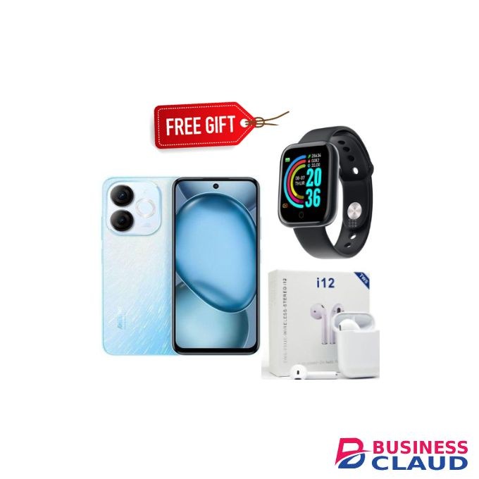Itel A80 6.7" Expandable Upto 8RAM+128GB Storage, Android 14, 5OMP Camera,5000 mAh battery, - Blue+Earpods+Smartwatch