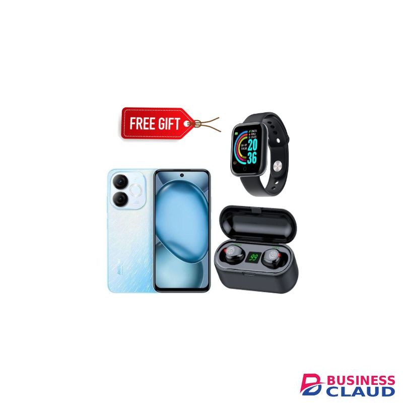 Itel A80 6.7" Expandable Upto 8RAM+128GB Storage, Android 14, 5OMP Camera,5000 mAh battery, - Blue+Smartwatch+Earbuds