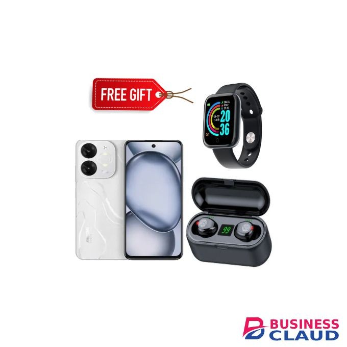 Itel A80 6.7" Expandable Upto 8RAM+128GB Storage, Android 14, 5OMP Camera,5000 mAh battery, -White+Smartwatch+Earbuds