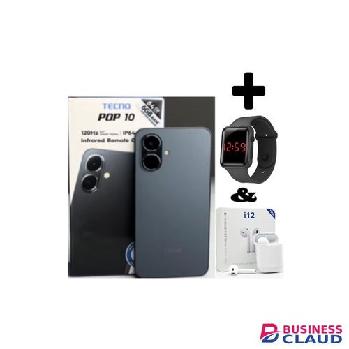 Tecno POP 10 Display: 6.67 Inches Upto 6GB Extended RAM + 64GB Storage, Battery: 5000 MAh--Black+Earpods+Led Watch