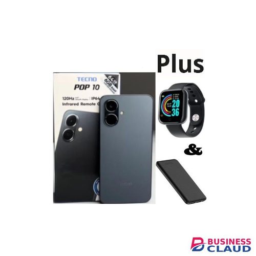 Tecno POP 10 Display: 6.67 inches Upto 8GB extended RAM +128GB Storage, Battery: 5000 mAh--Black+Power Bank+Smart Watch