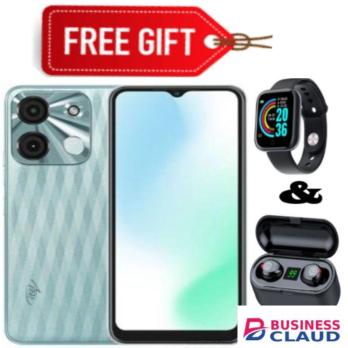 Itel A60s, 6.6", 128GB + 4GB RAM, Dual SIM, 5000mAh, 4G -Glacier Green +Smartwatch+Earbuds