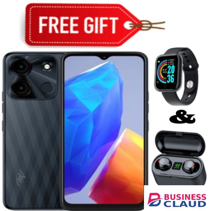 Itel A60s, 6.6", 128GB + 4GB RAM, Dual SIM, 5000mAh, 4G - Black+Free Smartwatch+Earbuds
