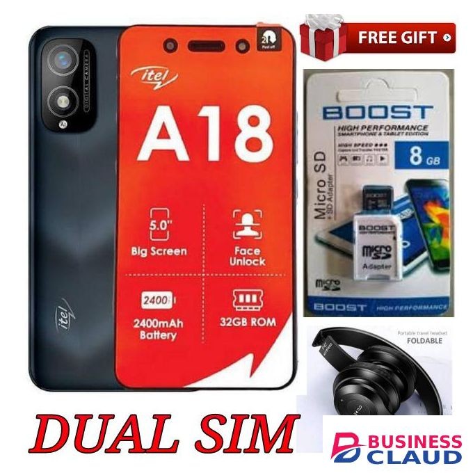 Itel A18 ,5.0"Display,32GB ROM +1GB RAM(Dual Sim) 2400may+8GB Memory Card +P47 Headphone