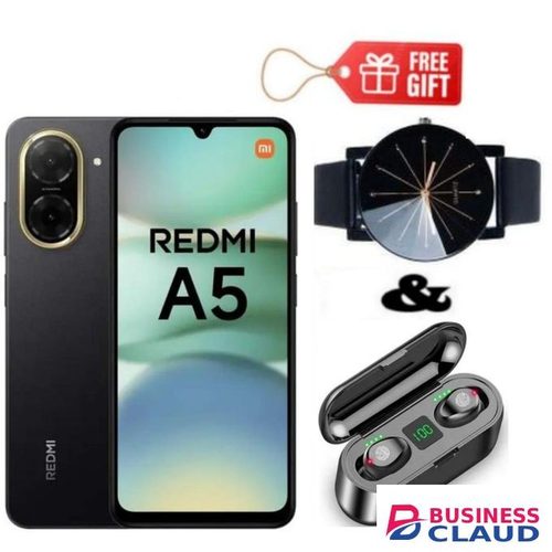 XIAOMI Redmi A5, 6.88" DISPLAY, 64GB ROM + 3GB RAM, 32MP, 5200MAH, DUAL SIM, BLACK + EARBUDS & WATCH