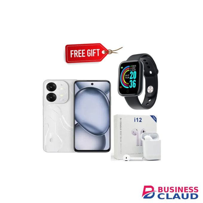 Itel A80 6.7" 4GB RAM+128GB Storage, Android 14, 5OMP Camera,5000 mAh battery, - White+Smartwatch+Earpods
