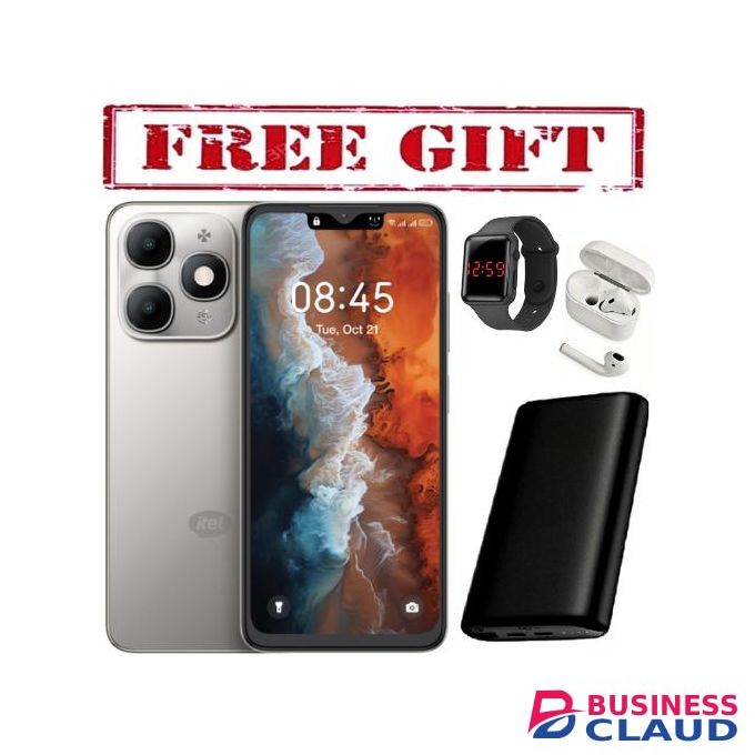 Itel A90, 6.6", 8GB RAM (4+4GB RAM) + 128GB (Dual SIM), 5000mAh(1YR WRTY), COMES WITH FREE LED WATCH , POWERBANK AND AIRPODS FOR YOU SILVER