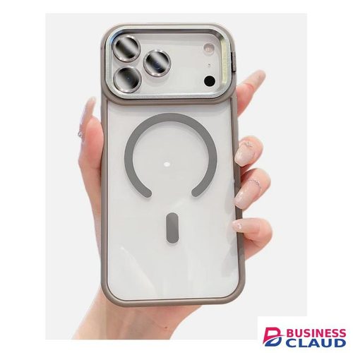 Apple IPHONE 17 Pro Cover with Ultra Invisible Metal Holder/ Support Transparent with Grey Edges Magnetic Mobile Phone Case with Three Camera Lens for Protection