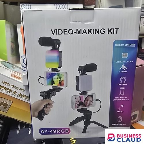 AY-49RGB Video-Making Kit – RGB LED Fill Light, Noise-Canceling Microphone, Tripod, Smartphone Holder, Complete Smartphone Vlogging & Content Kit
